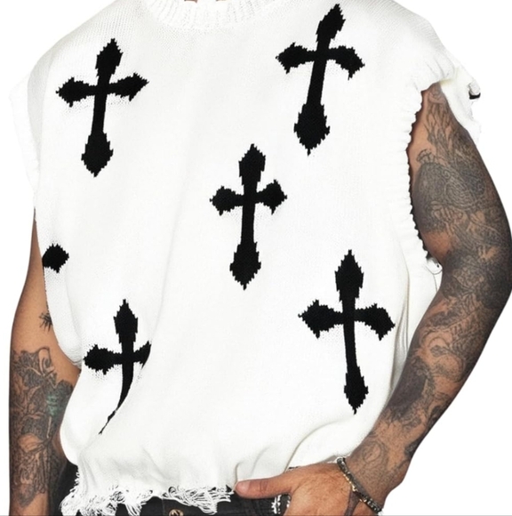 Men's White and Black Cross Pattern Sweater